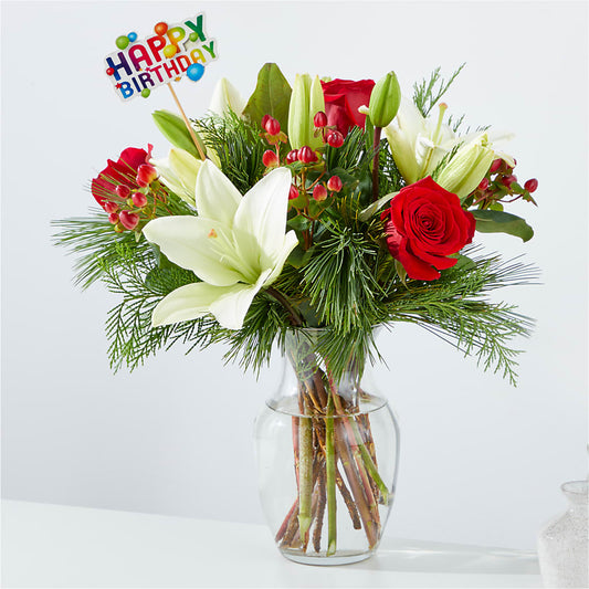 Bouquet Evergreen Delight et décoration « Joyeux anniversaire »