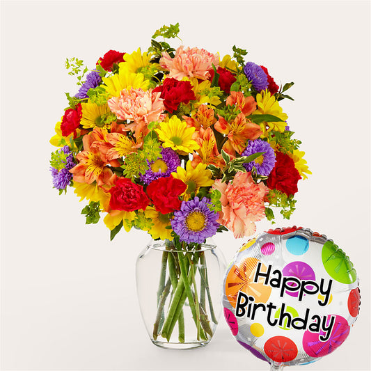 Bouquet kaléidoscope avec ballon d'anniversaire