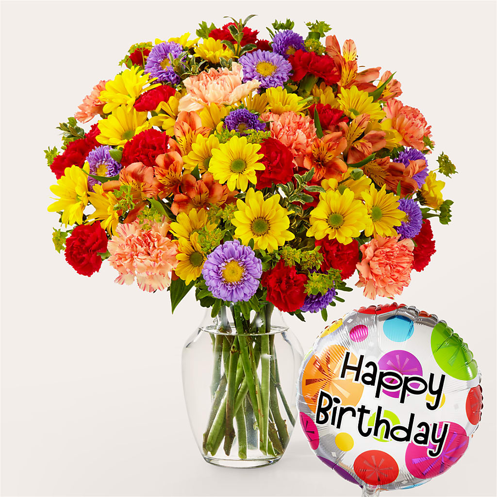 Bouquet kaléidoscope avec ballon d'anniversaire