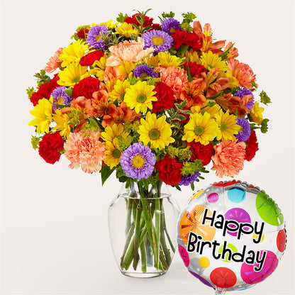 Bouquet kaléidoscope avec ballon d'anniversaire
