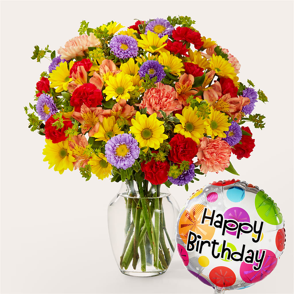 Bouquet kaléidoscope avec ballon d'anniversaire