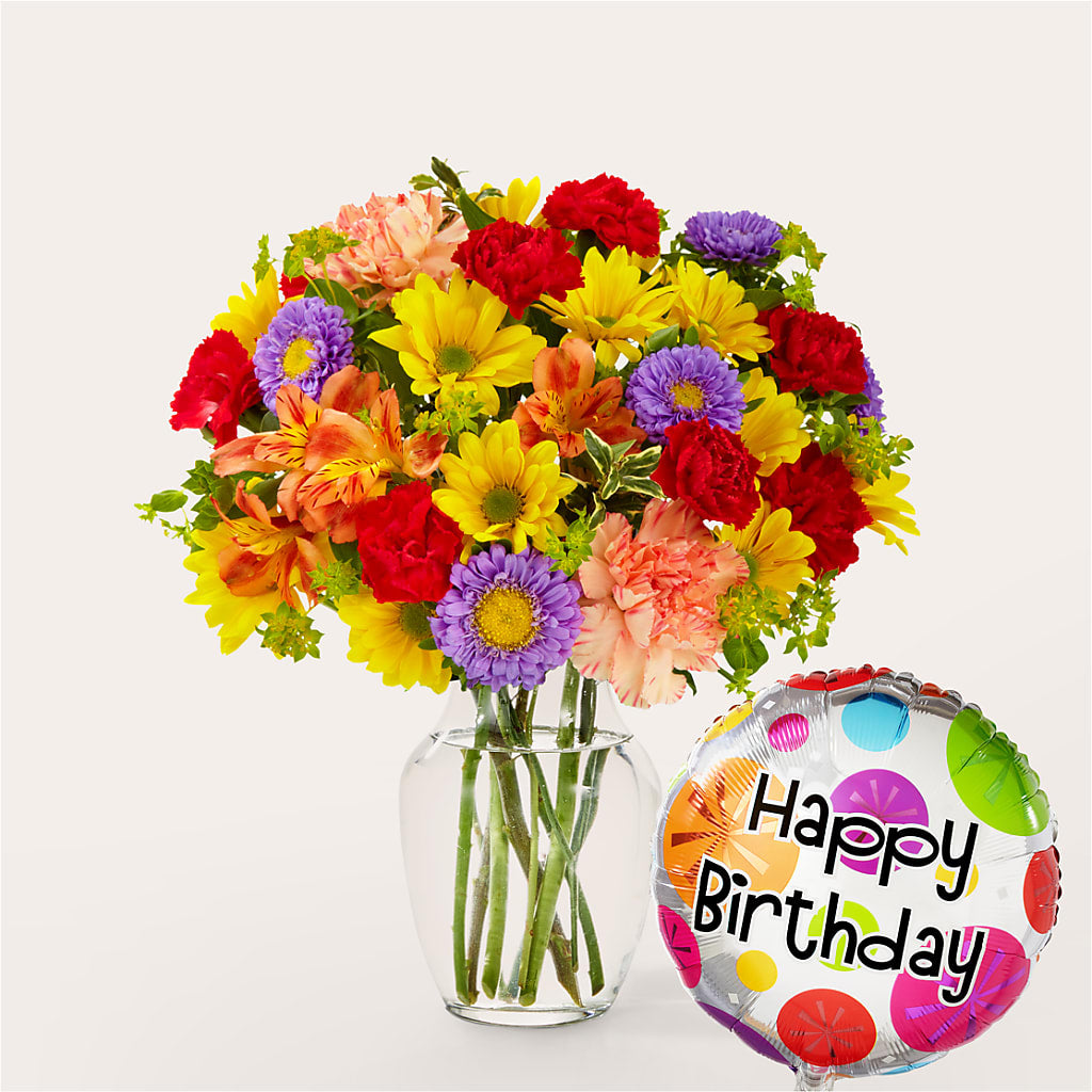 Bouquet kaléidoscope avec ballon d'anniversaire