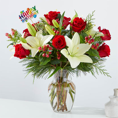 Bouquet Evergreen Delight et décoration « Joyeux anniversaire »