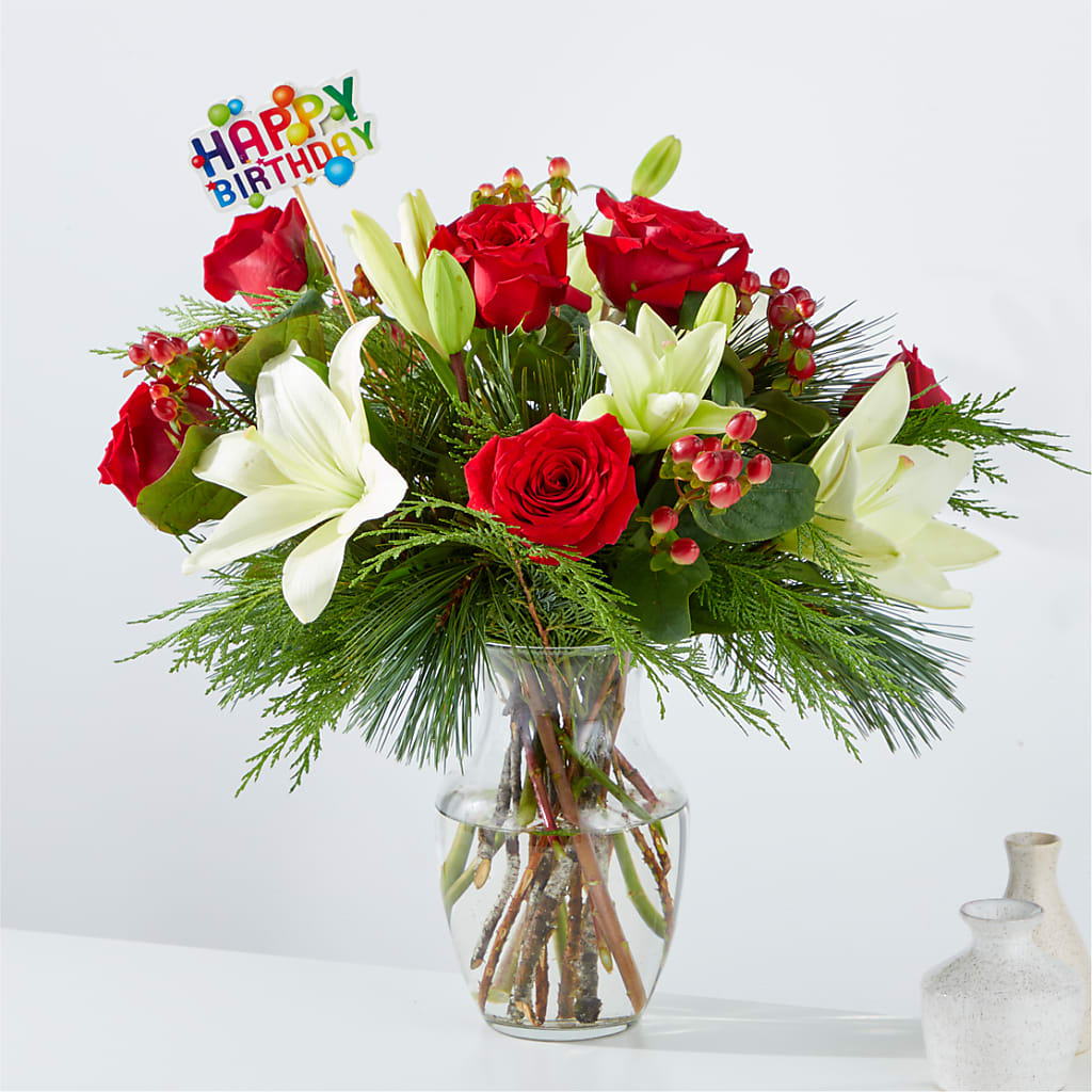 Bouquet Evergreen Delight et décoration « Joyeux anniversaire »