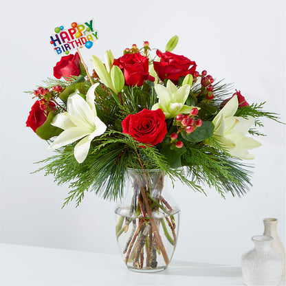 Bouquet Evergreen Delight et décoration « Joyeux anniversaire »
