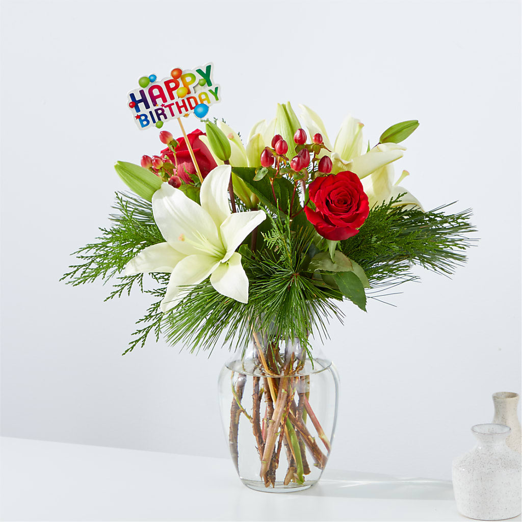 Bouquet Evergreen Delight et décoration « Joyeux anniversaire »